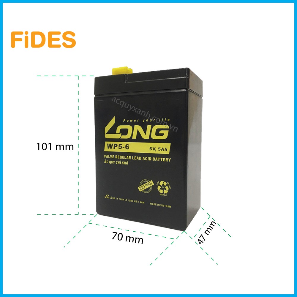 Ắc Quy Long WP5-6 (6V-5AH) - Ắc quy khô dùng cho xe điện trẻ em, Đèn khẩn cấp, Quạt sạc v.v. - Fides