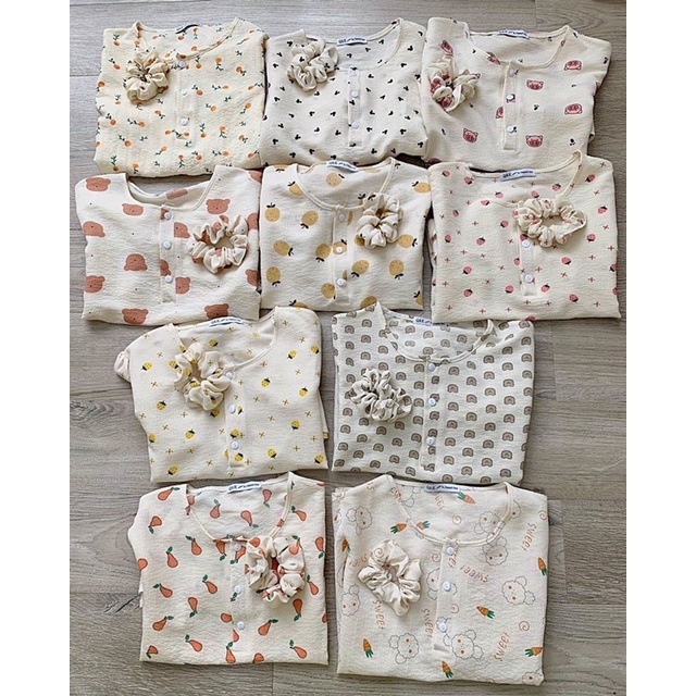 Bộ Đồ Ngủ Mặc Nhà Cộc Tay Chất Đũi Xốp Nhẹ Mát Kèm Scrunchies Nhiều Họa Tiết