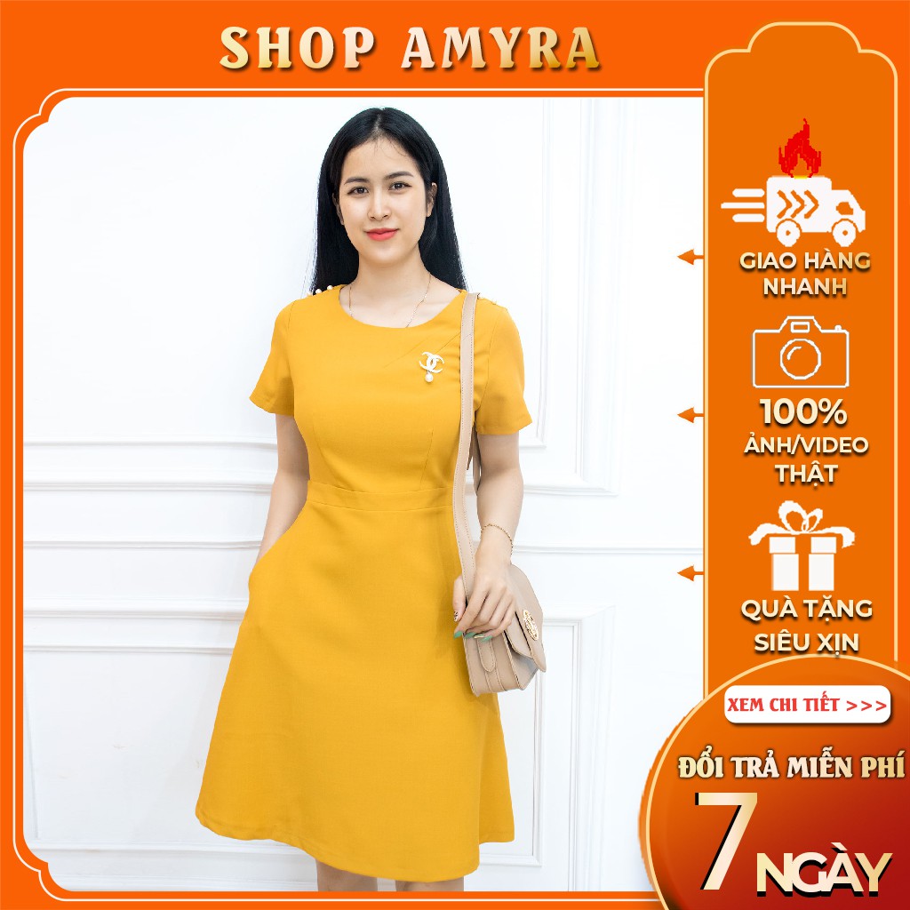 Đầm công sở thiết kế vai đính ngọc tôn dáng - Váy nữ dự tiệc công sở dáng A có túi - AMYRA Da044