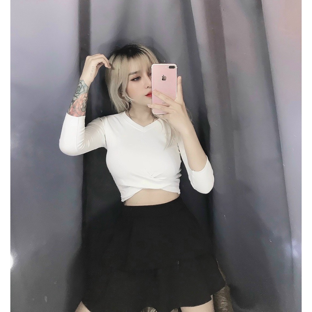 Áo kiểu croptop tay lỡ xoắn eo trơn cực xinh , chất thun bozip mềm mịn ( ảnh thật )