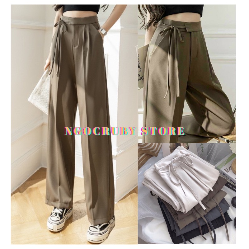 Quần ống rộng, quần ống suông thắt dây chất ruby cạp cao vải nữ dài culottes 4 màu trắng/nâu/be/đen