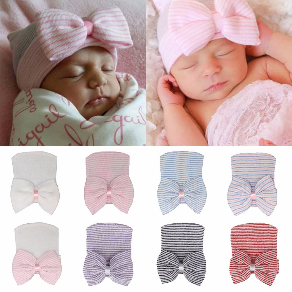 Mũ beanie mềm mại đính nơ họa tiết kẻ sọc dễ thương cho bé gái MIHAN1