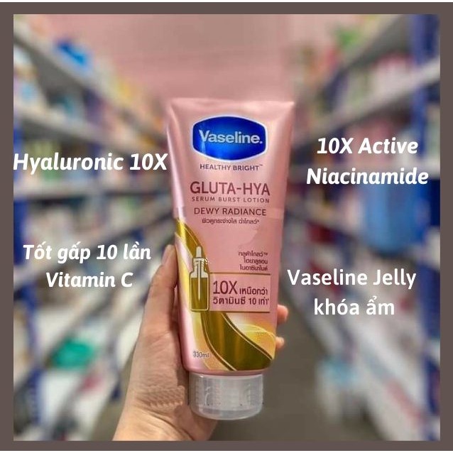 Sữa Dưỡng Thể Vaseline Healthy Bright Gluta HYA Serum 10X, Kem dưỡng thể Thái Lan 330ml