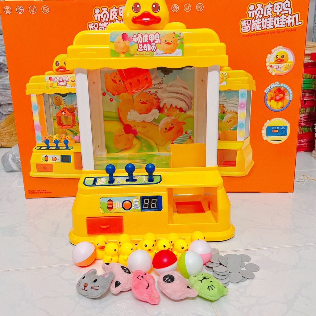 Máy gắp thú mini siêu rẻ, máy gắp thú vịt vàng cao 41cm kèm gấu và xu cho bé
