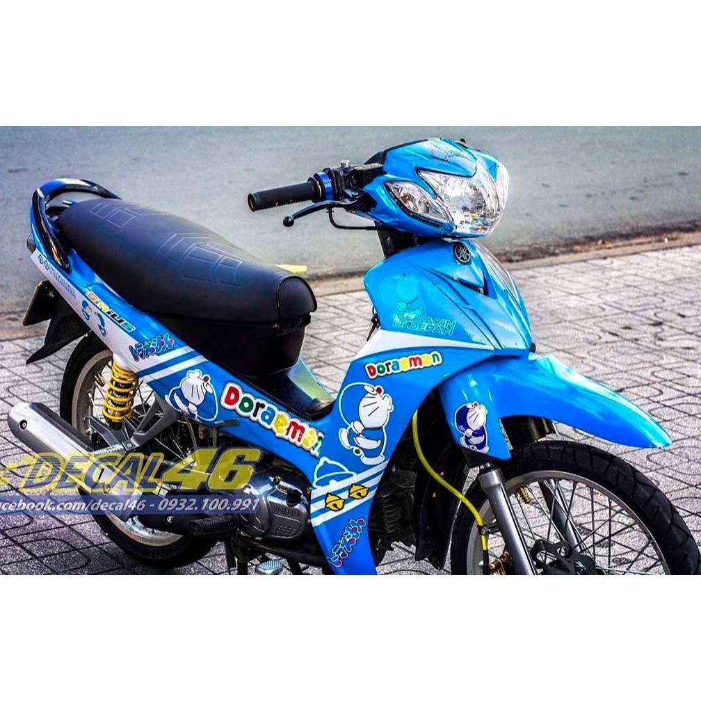 Tem trùm sirius 50cc Xanh Doraemon, team dán xe máy sirius, team trùm sirius, tem decal sirius xanh doraemon