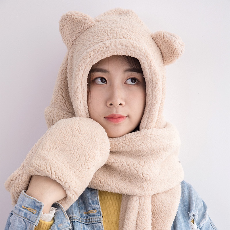 Mũ Lông Cừu Tai Gấu Kiêm Khăn Choàng Cổ và găng tay ấm áp cho mùa đông