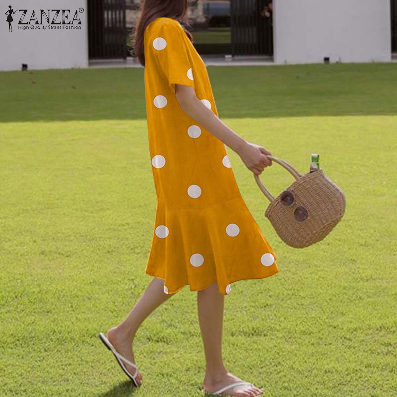 Đầm Zanzea kiểu chữ A tay ngắn viền bèo họa tiết chấm bi thời trang cho nữ