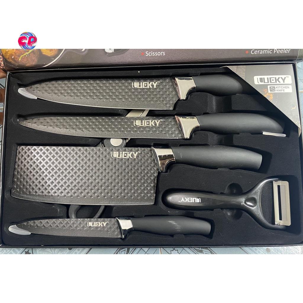 Bộ Dao Kéo Nhà Bếp Lucky 6 Món Bằng Inox Hoa Văn Kim Cương Phủ Chống Dính Siêu Bền Hàng Cao Cấp