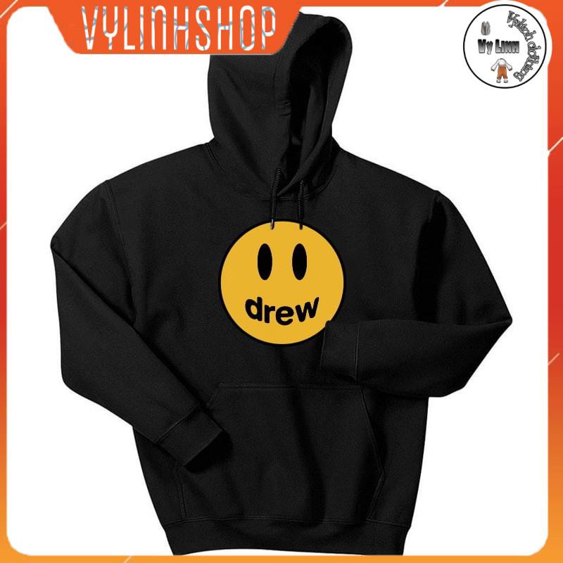 Áo nỉ hoodie màu trắng hình mặt cười Drw form suông rộng unisex cho nam nữ, chất nỉ bông 2 màu đen trắng