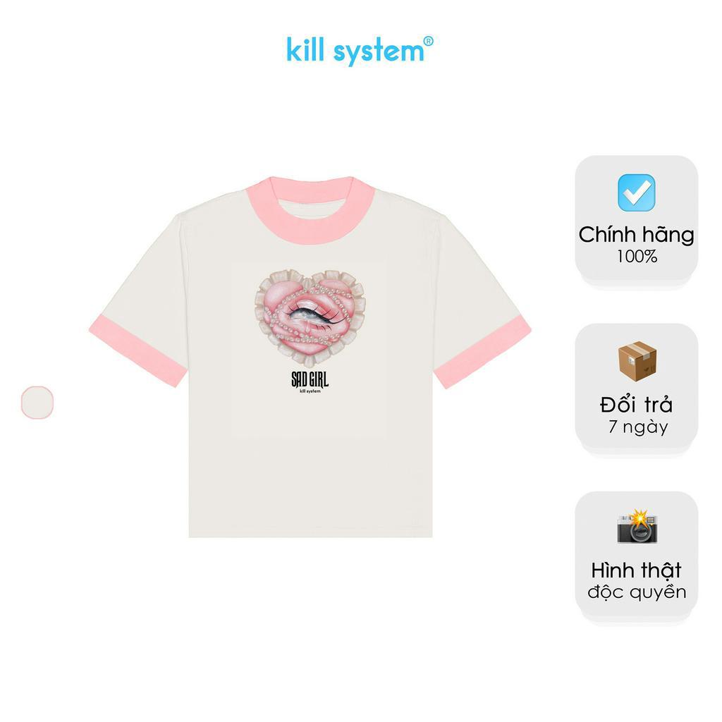 Áo thun Kill System form fit Sad girl màu kem hồng viền tay chất vải cotton