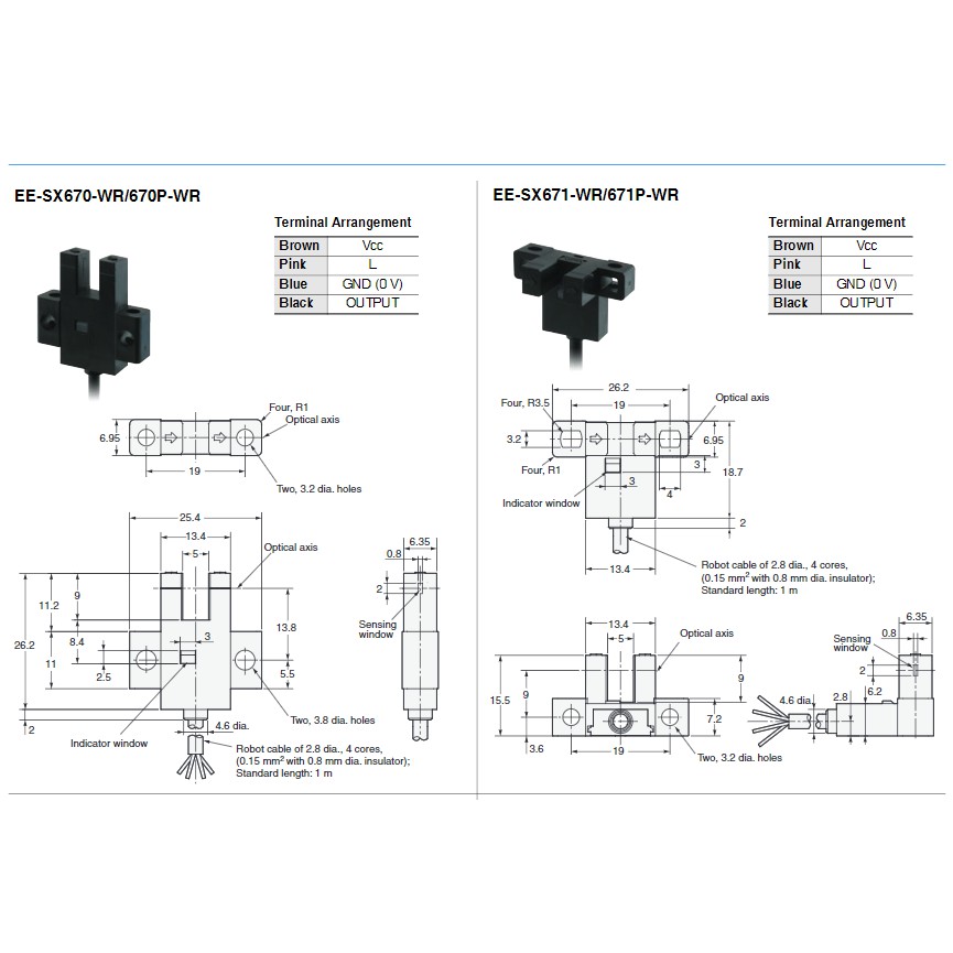 Cảm biến quang Omron EE-SX671WR - EE-SX672WR - EE-SX674WR dây dài 3m