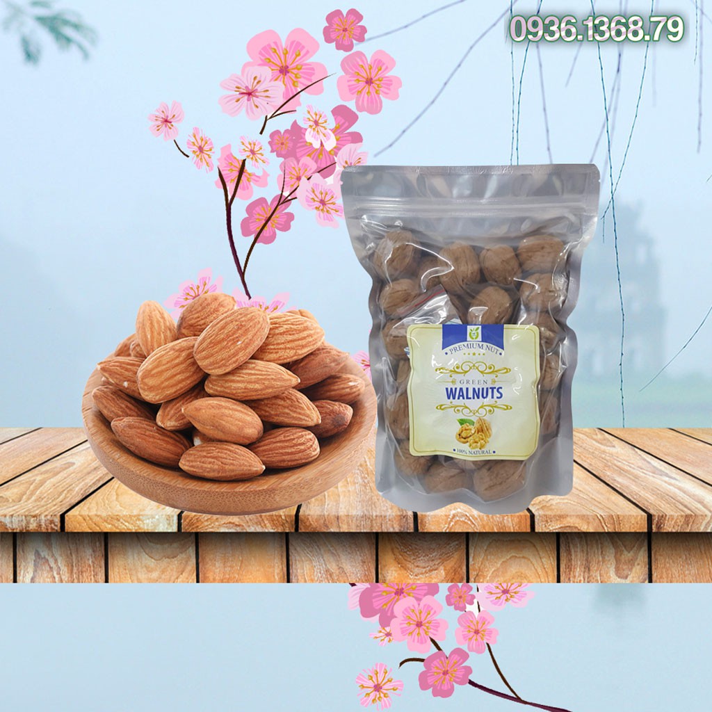 Combo: quả óc chó và hạt hạnh nhân chưa tách vỏ( gói 500 gram)