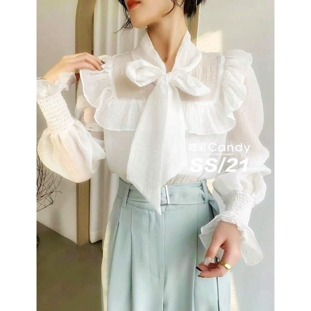 Áo sơmi kiểu trắng nữ có nơ ngực đường may kĩ cực đẹp cho các chị em