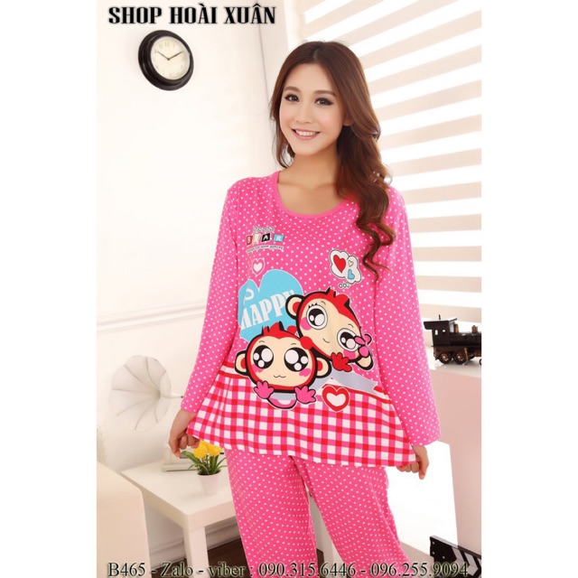 Đồ bộ nữ mặc nhà thun mềm mịn bộ quần áo dài hàng quảng châu hoạt hình con khỉ - B465