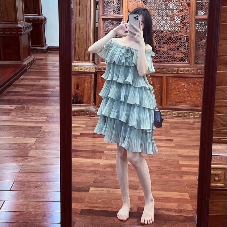 Váy Trễ Vai Dập Ly Tầng Kèm Hoa 4 Màu Có Ảnh Thật Kèm Video