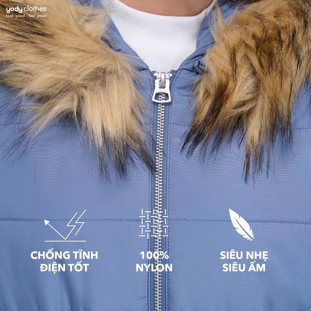 Áo phao nữ YODY khoác dáng dài có mũ lông ấm áp cao cấp PHN4008