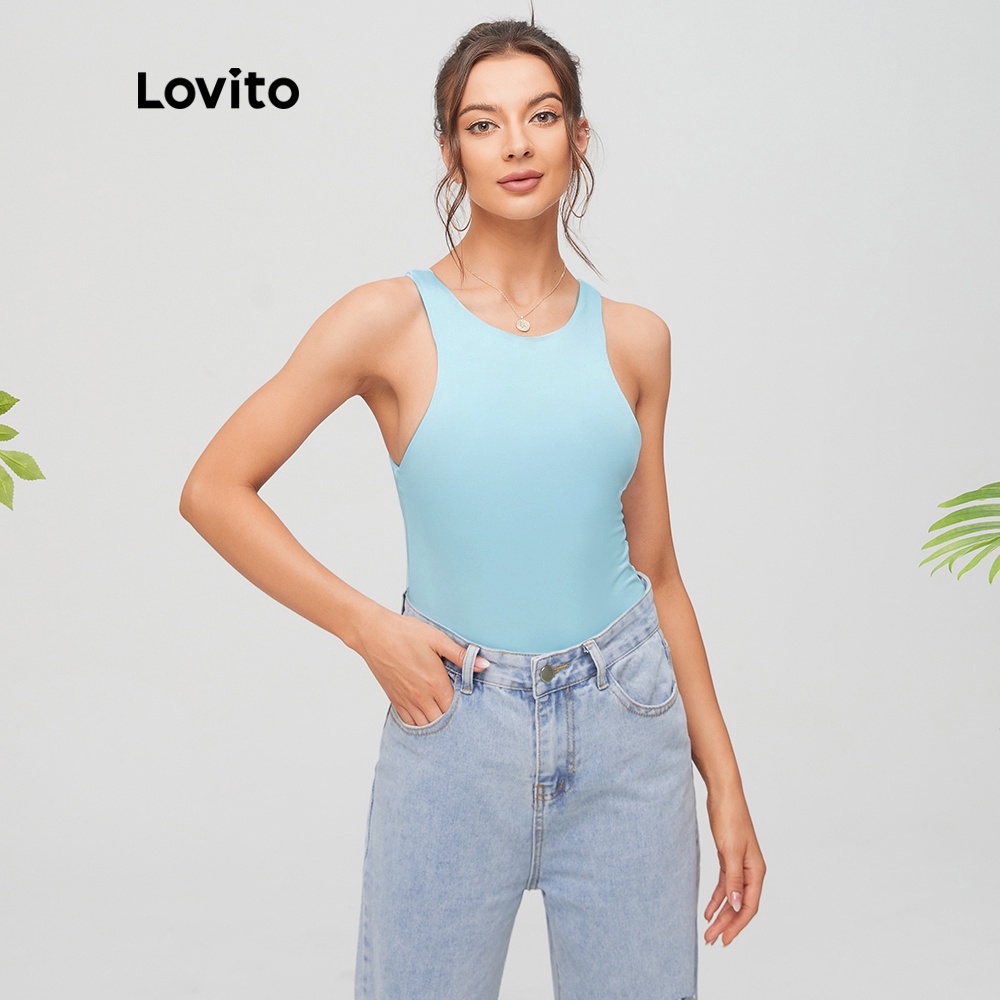 Bộ áo liền quần cổ tròn hở vai Lovito màu trơn L11058 | BigBuy360 - bigbuy360.vn