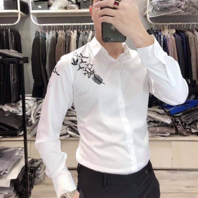 Áo sơ mi nam dài tay thêu chim vai+ ống tay