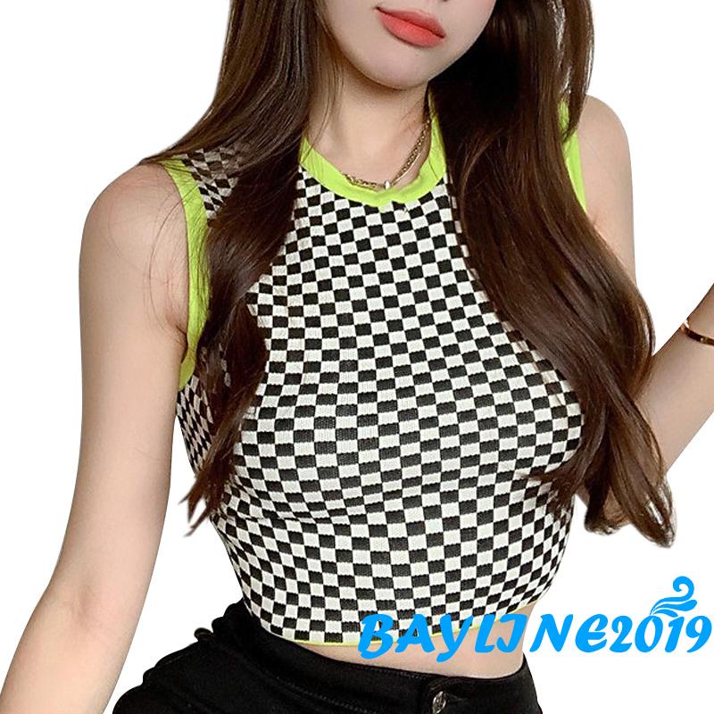 Áo lửng không tay họa tiết caro thời trang quyến rũ cho nữ