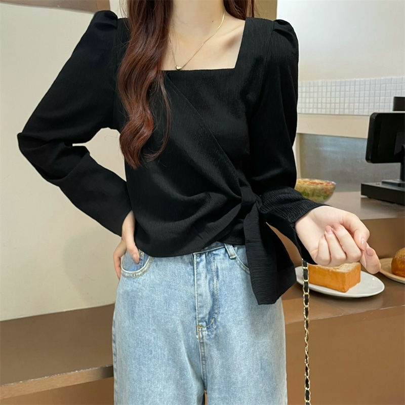 Áo Sơ Mi Tay Dài Cổ Vuông Dáng Rộng Cột Dây Phong Cách Retro Dành Cho Nữ