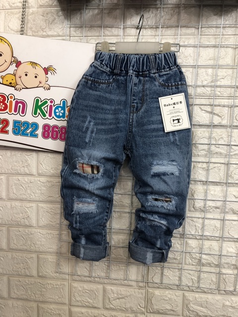 Combo Quần jean cho bé SB rách pha kẻ xanh đậm 14-26kg