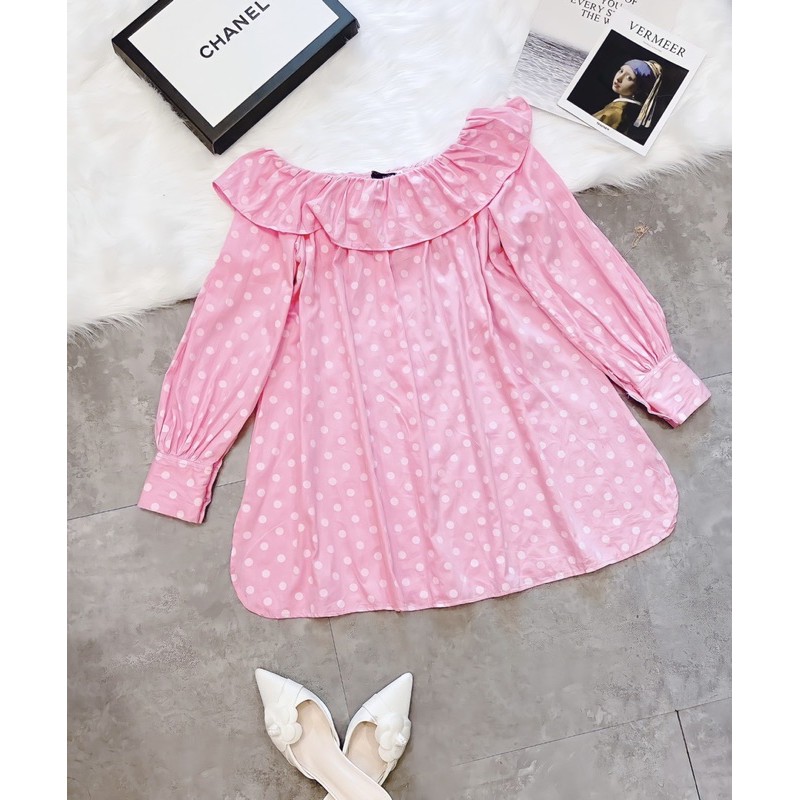 VNU216 - VÁY HỒNG CHẤM BI GIẤU QUẦN CỔ BÈO | BigBuy360 - bigbuy360.vn