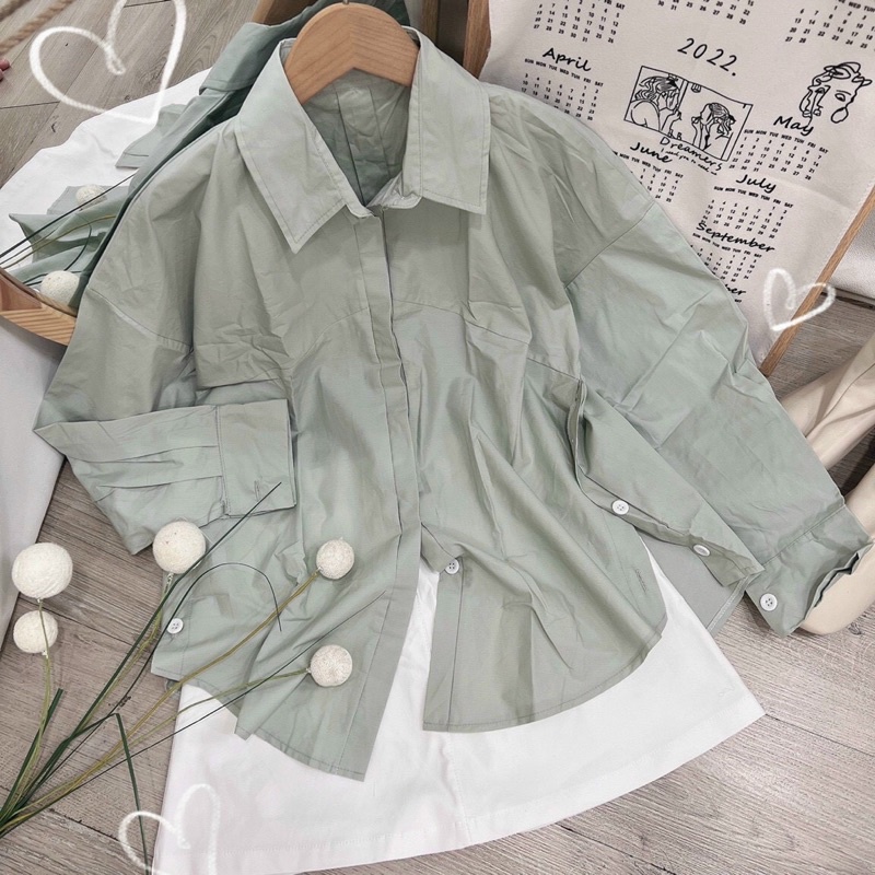 Set áo sm xanh + chân váy trắng