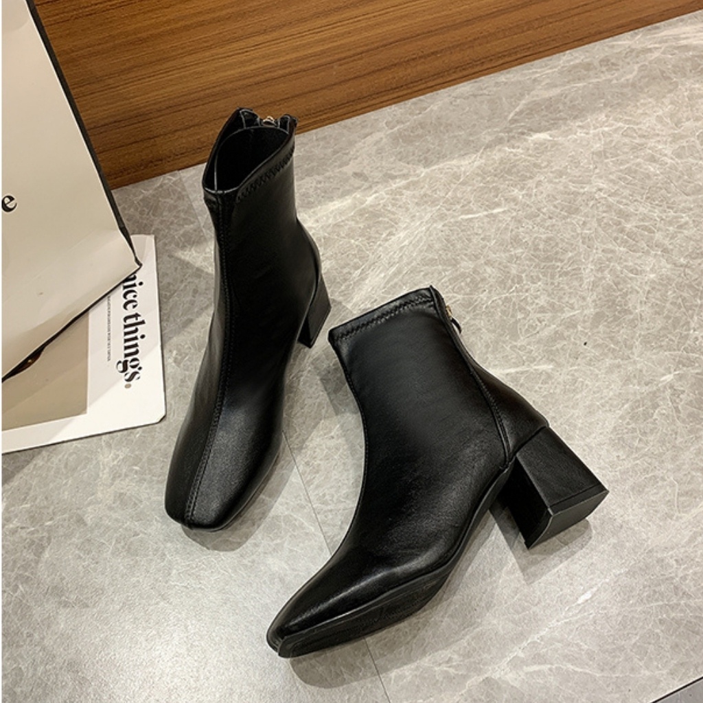 Giày boot da mềm nữ cổ cao lót nỉ mỏng khoá sau cao cấp - Boot mũi vuông, gót vuông 6 phân - BCC004 | BigBuy360 - bigbuy360.vn