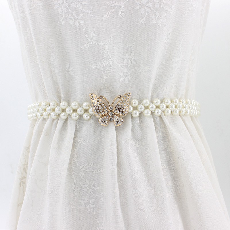 Thắt lưng chuỗi 3 hạt ngọc khóa bướm vàng đính đá TTL166