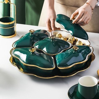 Khay mứt sứ cao cấp sang trọng màu xanh cỏ vịt 5 ngăn