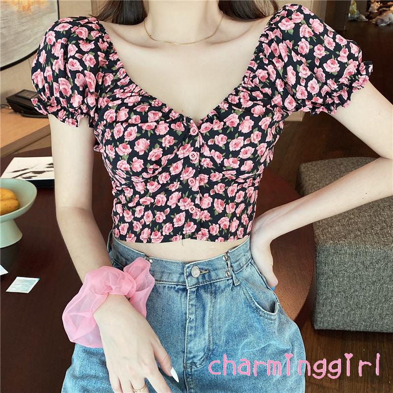 Áo Croptop Nữ Ngắn Tay Cổ Chữ V In Hoa Thời Trang