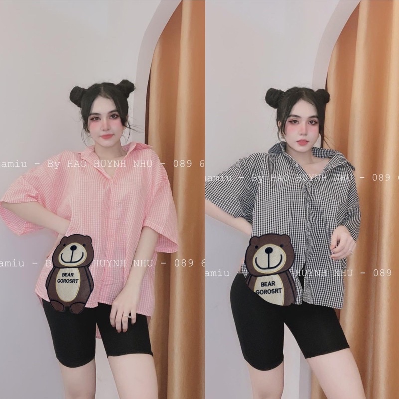 Set Đồ Bộ Nữ Áo Somi Gấu Thêu Sọc + Quần Legging Co Giãn