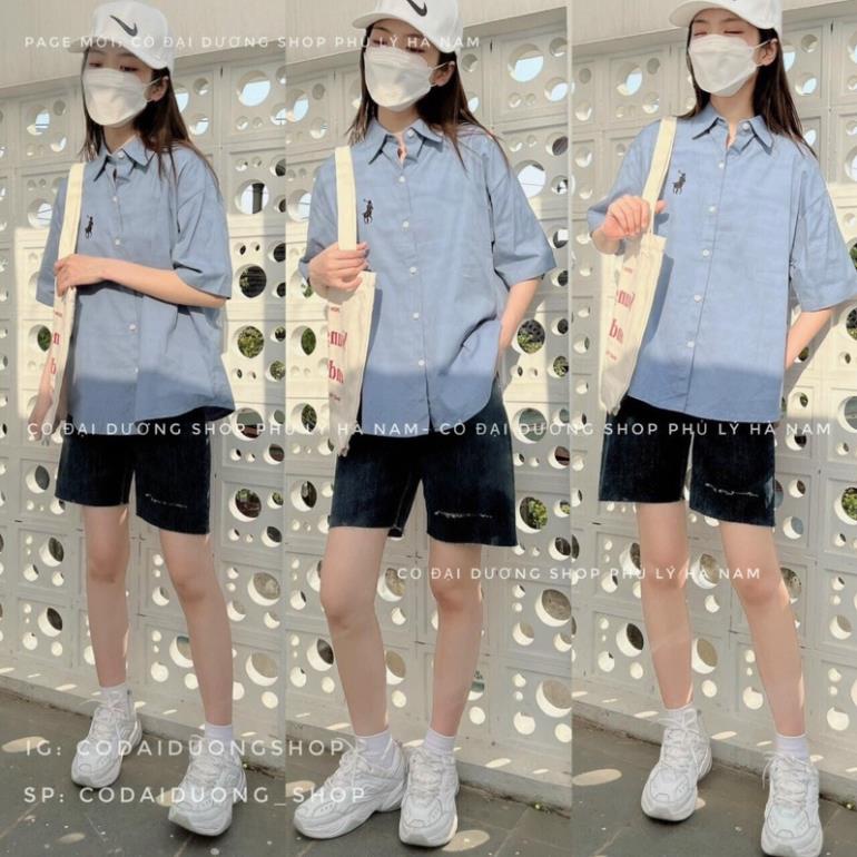 Áo Sơ Mi Tay Lỡ Cổ Bẻ Thêu Logo Form Rộng Unisex Phong Cách Trẻ Trung - Áo Sơ Mi Cổ Đức Đi Học Đi Chơi Hot Trend 2022
