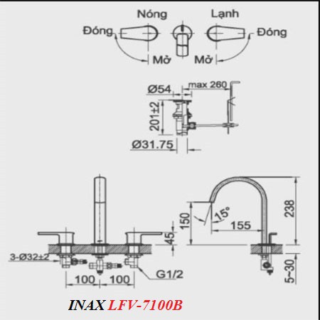 [CHÍNH HÃNG] Vòi rửa mặt (lavabo) nóng lạnh, van riêng INAX LFV-7100B