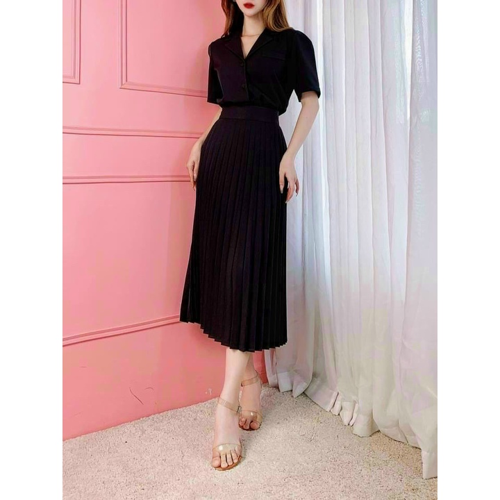 (Sale FreeShip) Sét váy nữ đi tiệc áo sơ mi  tay ngắn mix chân váy dập li,phong cách nhẹ nhàng trẻ trung,chất for caoấp