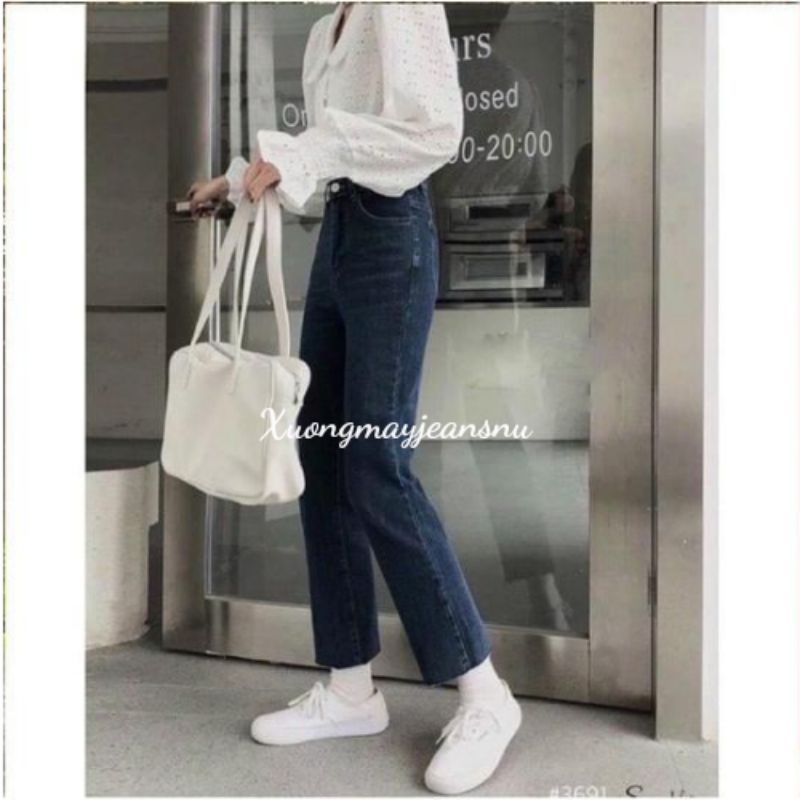 Quần bò jean nữ ống suông đứng cạp cao trơn màu xanh nhạt MaiStore