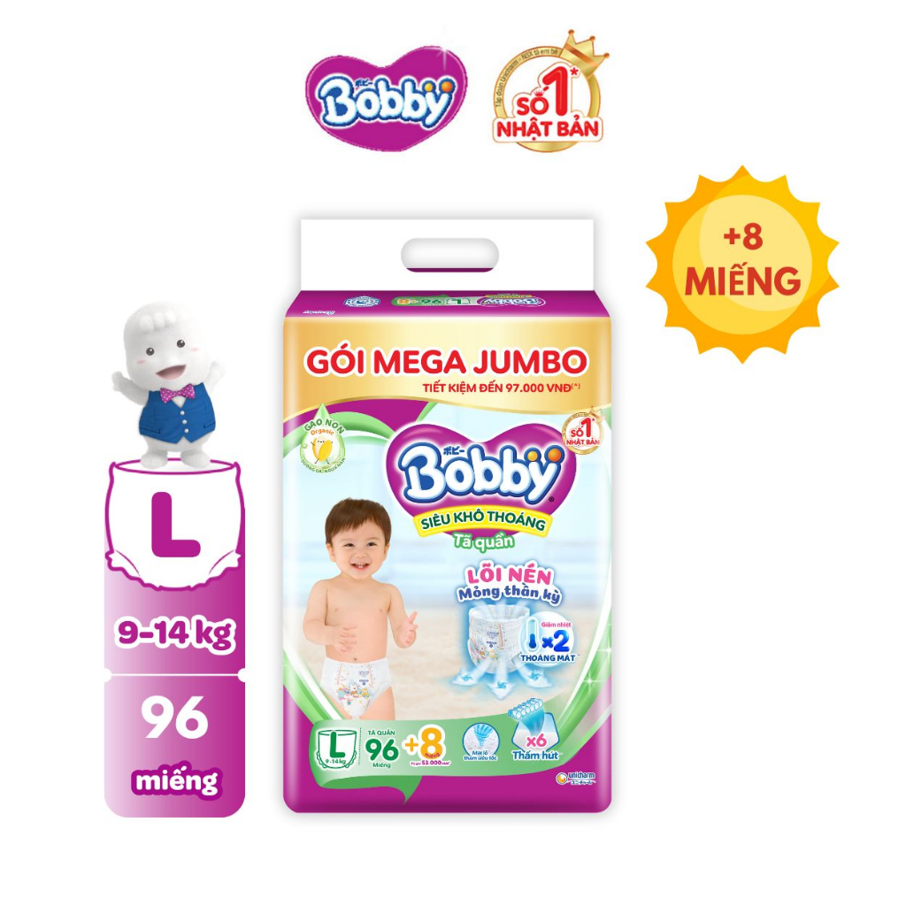Tã/bỉm quần Bobby 3mm Mega Jumbo Gạo non Giảm nhiệt M112/L96/XL84/XXL76