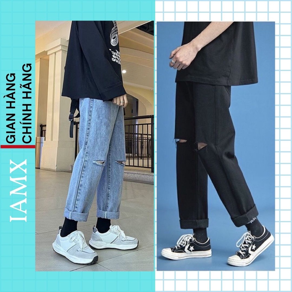 Quần jean nam đen rách gối, quần bò rách Baggy ống suông, rộng dáng đứng style Hàn Quốc