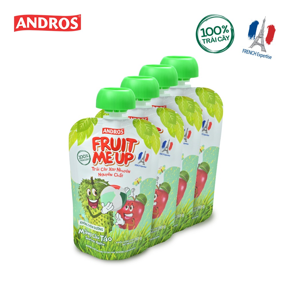 Combo 4 túi Trái Cây Xay Nhuyễn Vị Mãng cầu táo - 100% trái cây thật - ANDROS FRUIT ME UP - 90gx4