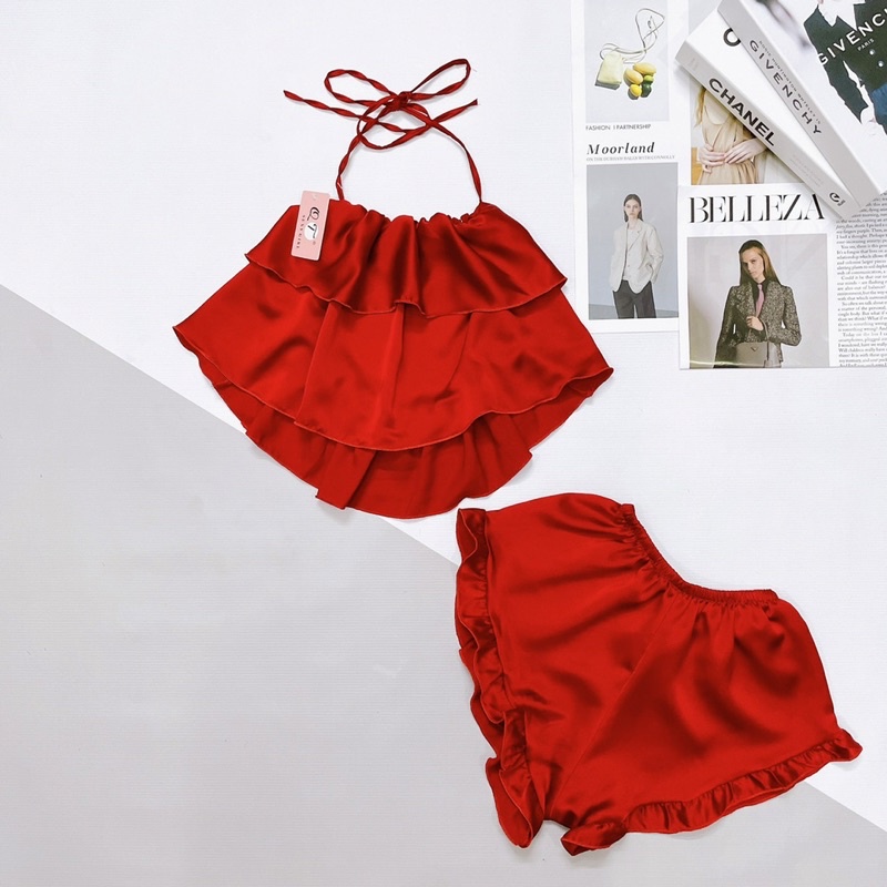 Đồ Ngủ Lụa 2 Dây Nữ Trúc My, lụa satin kiểu yếm tầng freesize 40-58kg, tuỳ chiều cao