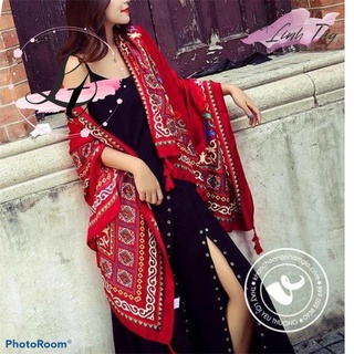 Khăn boho màu đỏ choàng nữ đi biển chống nắng thổ cẩm du lịch cao cấp linh tây 180*90