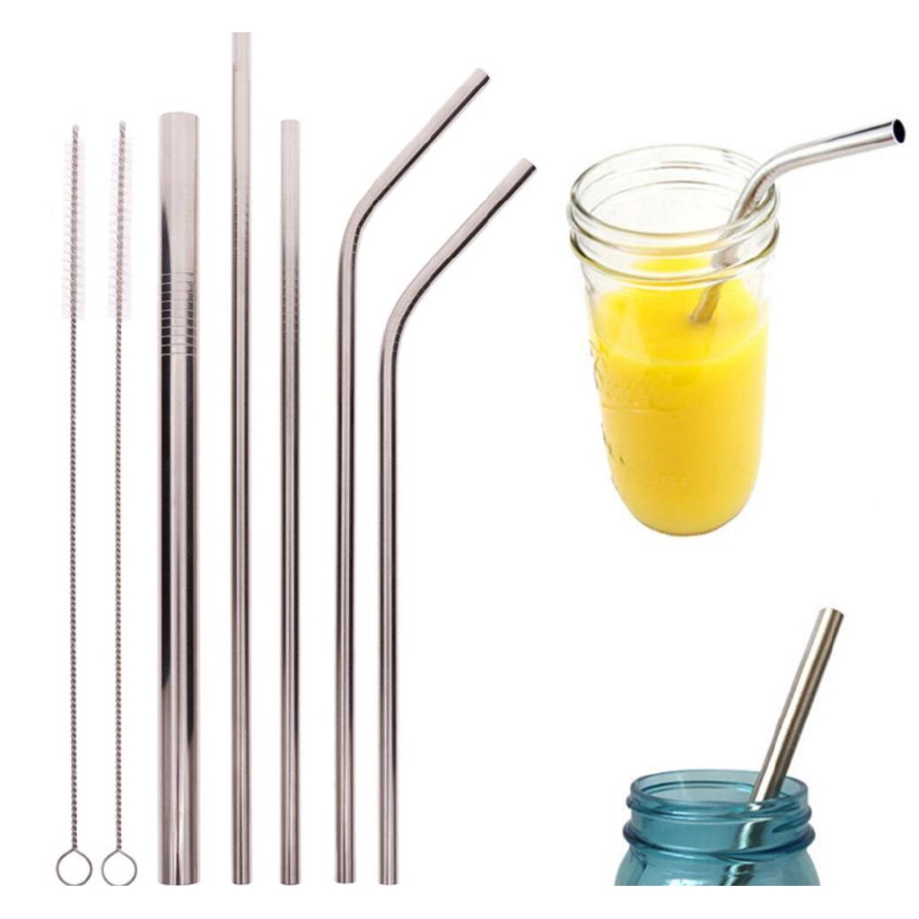 8pcs set Stainless Steel Drinking Straw Summer Stright Bent Design Straws Ống hút sữa uống Silver