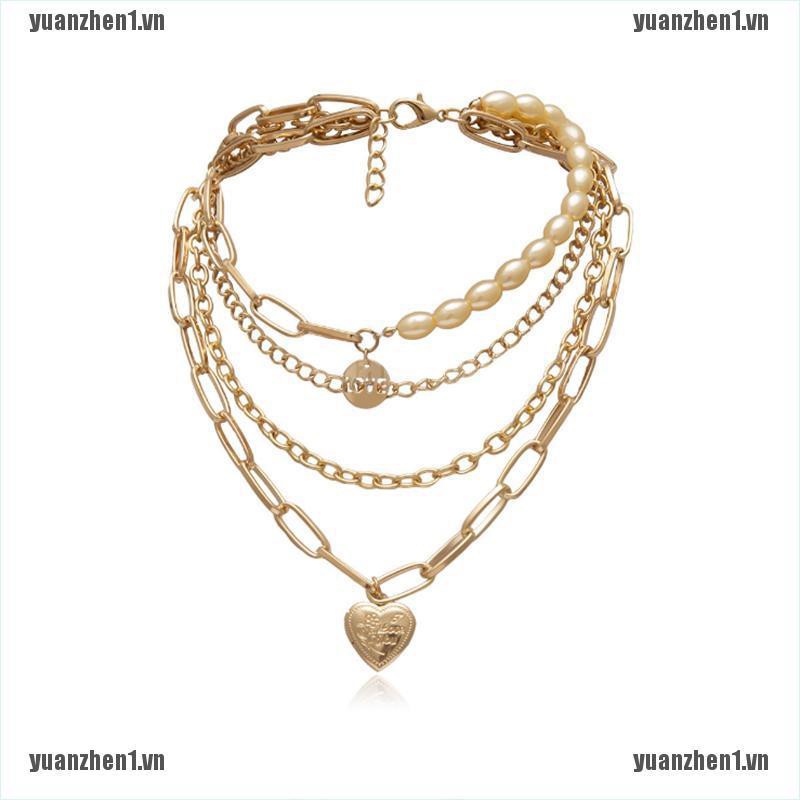 【YUANZHEN1】Pearl Hip Hop Love Heart Photo Locket Pendant Necklace Punk Layered