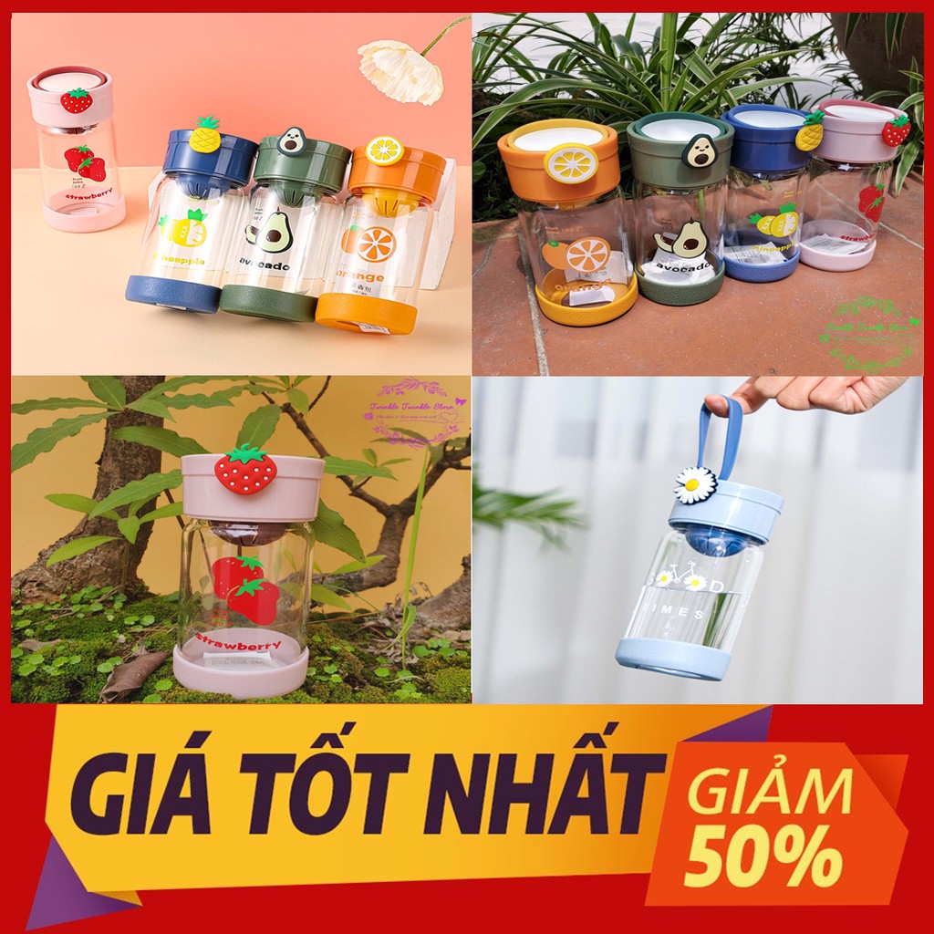 Bình Đựng Nước Cao Cấp Thủy Tinh Chống Sặc Hàn Quốc Mẫu Hoa Qủa-Dễ Thương,Tiện Dụng Dung Tích 260ml