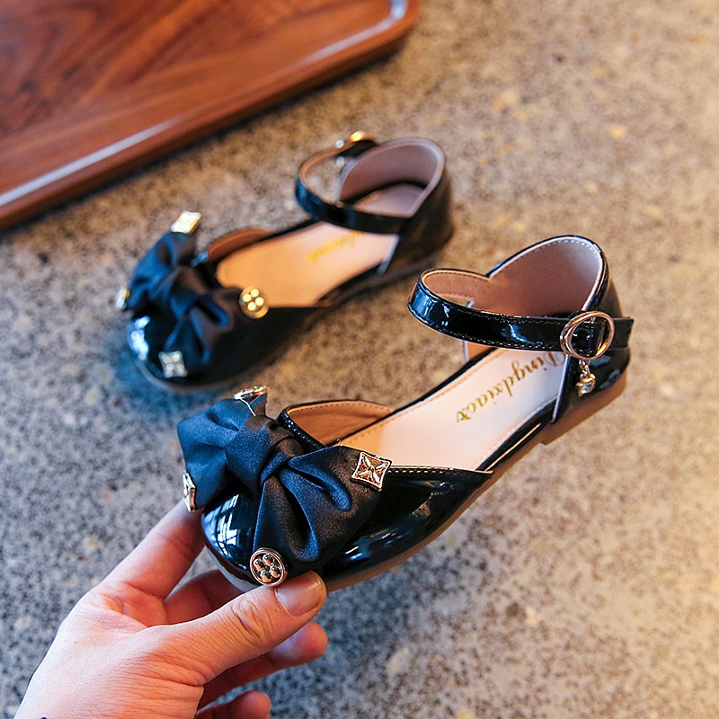 Xăng đan Da Đế Bằng Phối Nơ Thanh Lịch Cho Bé Gái 3-16 Tuổi