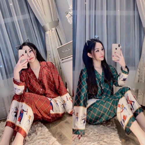 Đồ Bộ Pijama Lụa Tay Dài-Quần Dài Chất Liệu Mango thiết kế sang chảnh in hình chú lính