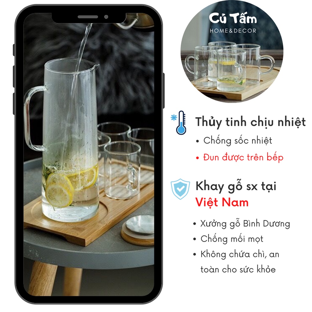 Bộ Bình nước thủy tinh nắp gỗ chịu nhiệt cao cấp - cutam.homedecor | BigBuy360 - bigbuy360.vn