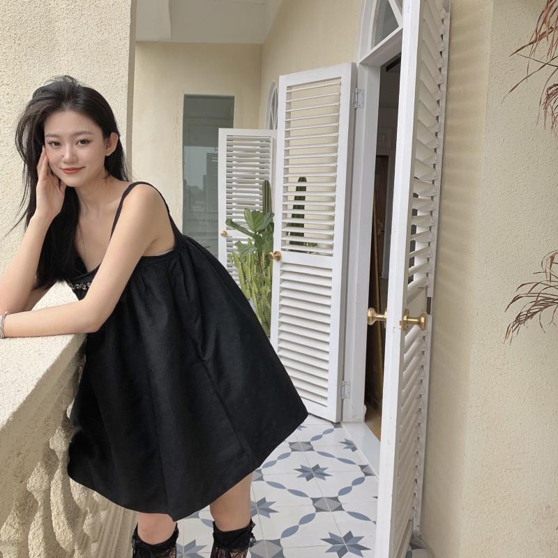 Đầm Hai Dây Dáng Rộng Màu Đen Phong Cách Pháp Thời Trang Mùa Hè Xinh Xắn Cho Nữ