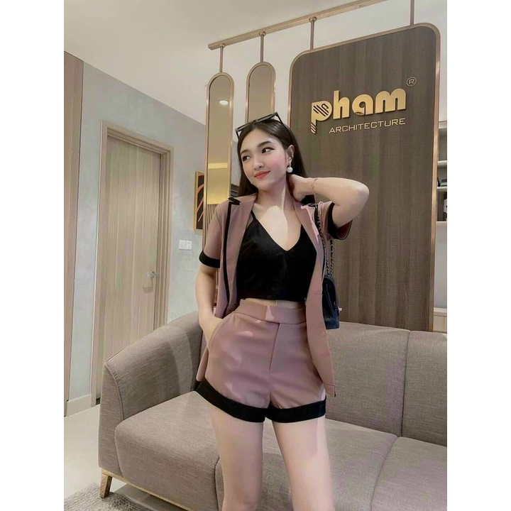 Sét bộ 3 món đồ nữ áo vest ngắn tay chỉ viền phối Croptop sang chảnh, xinh xắn đi chơi, dự tiệc