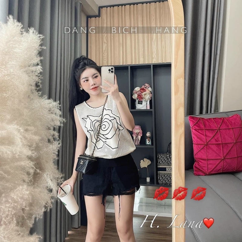 Áo len hoa sát nách viền đen, kèm ảnh thật chụp sàn